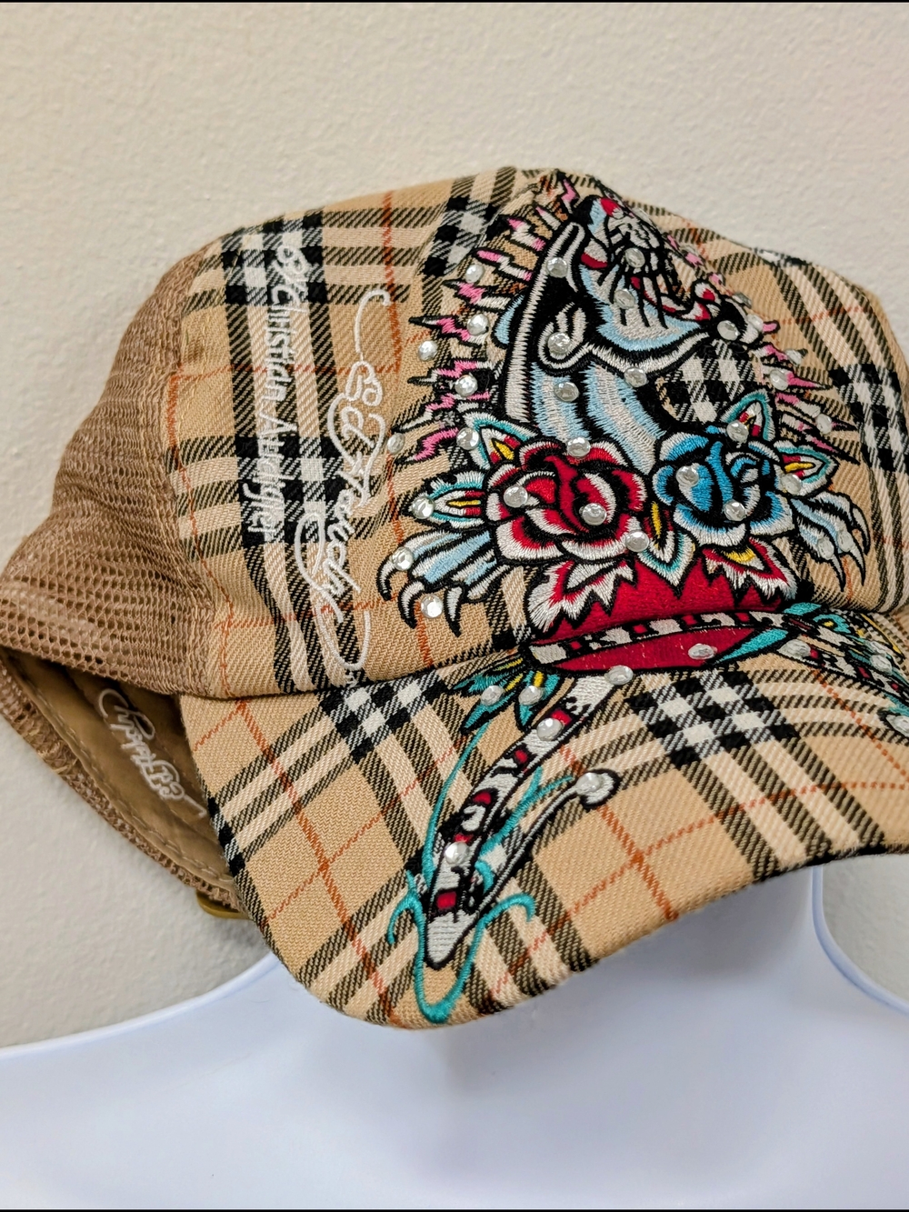 Ed Hardy Vintage Y2K Plaid Trucker Hat with Embroidered Skull and Roses